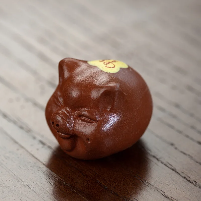 Handmade Yixing Zisha Pig Tea Pet Clay Painting Fortune Blessing Cute Figurine Home Tea Set Decor Gift Box