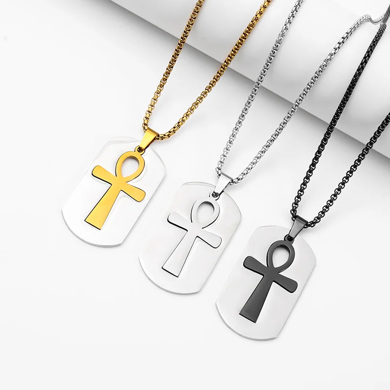 WOUWU Removable Ankh Cross Necklace Men Gold Color Stainless Steel Cut Out Crux Ansata Key Life Egypt Pendant Box Chain