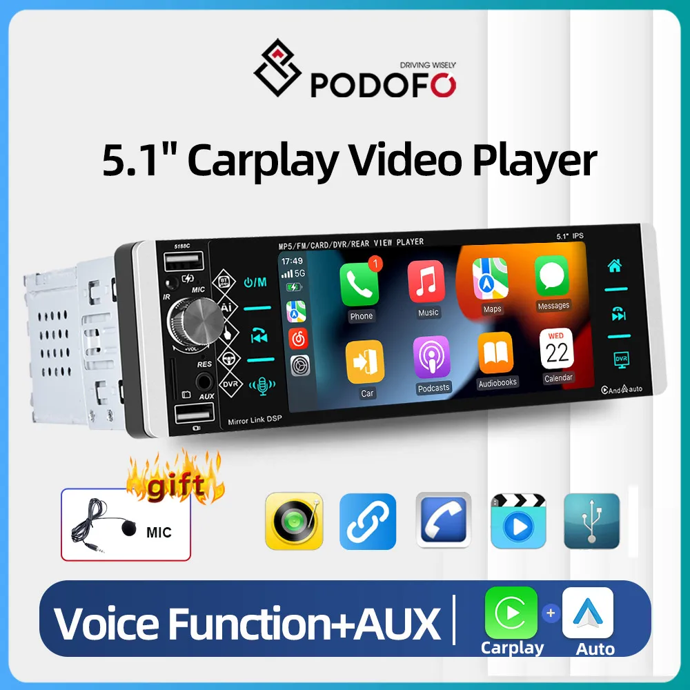 

Podofo 1 Din Carplay Car Radio BT Player MP5 Autoradio 5.1 Cal Stereo Receiver Audio FM Touch Screen RDS USB Voice Assistant