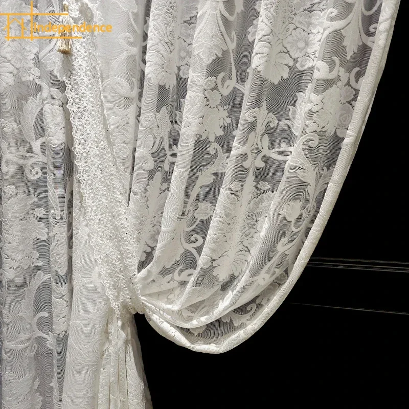 White Jacquard Gauze Curtains Lace Embroidery Curtains for Living Room Bedroom Floor Windows Floating Window Customised