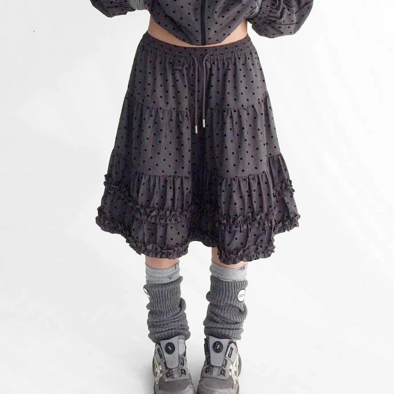 2025 Herbst Winter Neuer Schwarzer Gepunkteter Rüschenrock für Damen Originelles Design Süßer Cooler Y2k Vielseitiger A-Linien-Spitzenrock für Damen