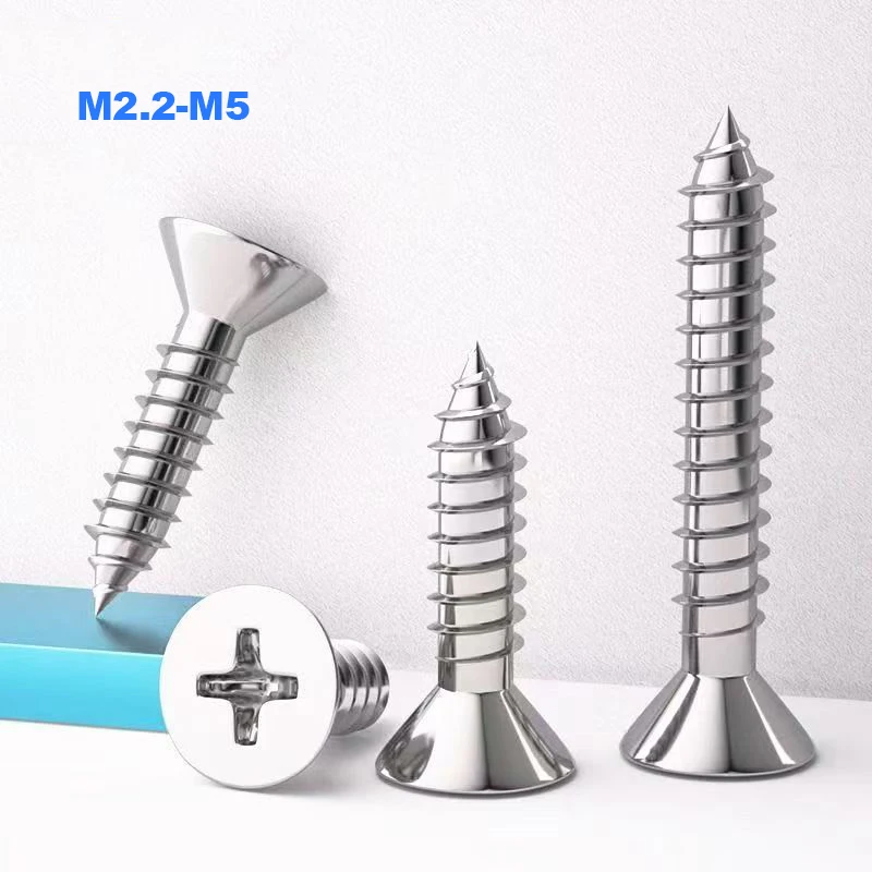 304 Stainless Steel Countersunk Screw M2.2 M2.6 M3 M3.5 M4 M5 M6 Cross Flat Head Sheet Metal Self Tapping Wood Screw 6-90mm Long