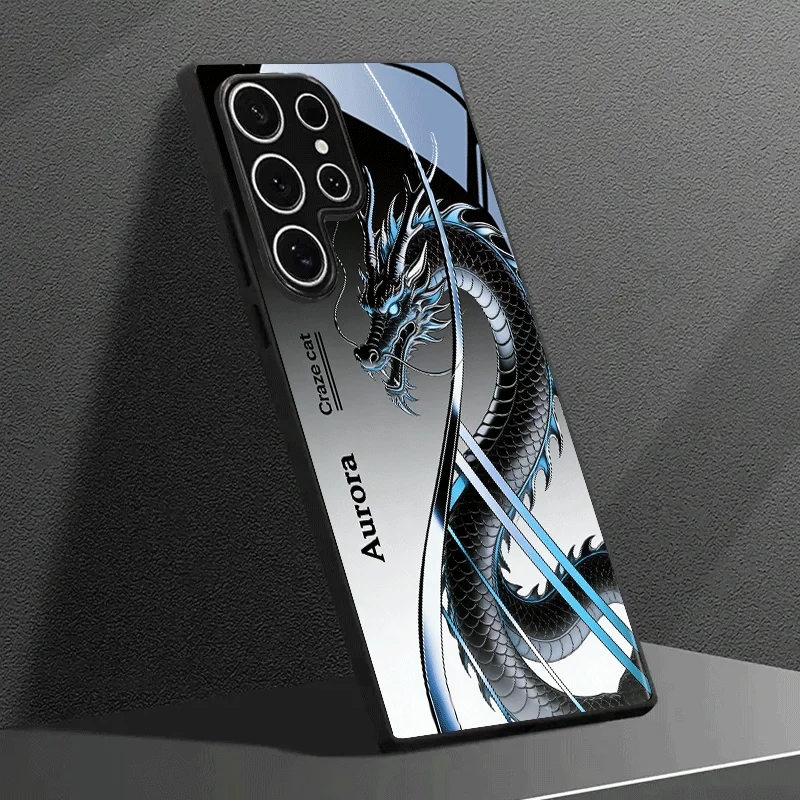 Dark Black Ice Blue Dragon Shadow Pattern Tempered Glass Phone Case Black for Samsung Galaxy S26FE/S25/S24/S23/S22/S21/S20/Note