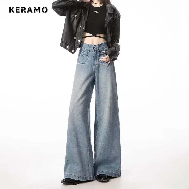 Y2K Wide Leg Blue High Street Washed Denim Trouser American Vintage High Waist Jeans Women's Casual 2000s Straight Emo Pants