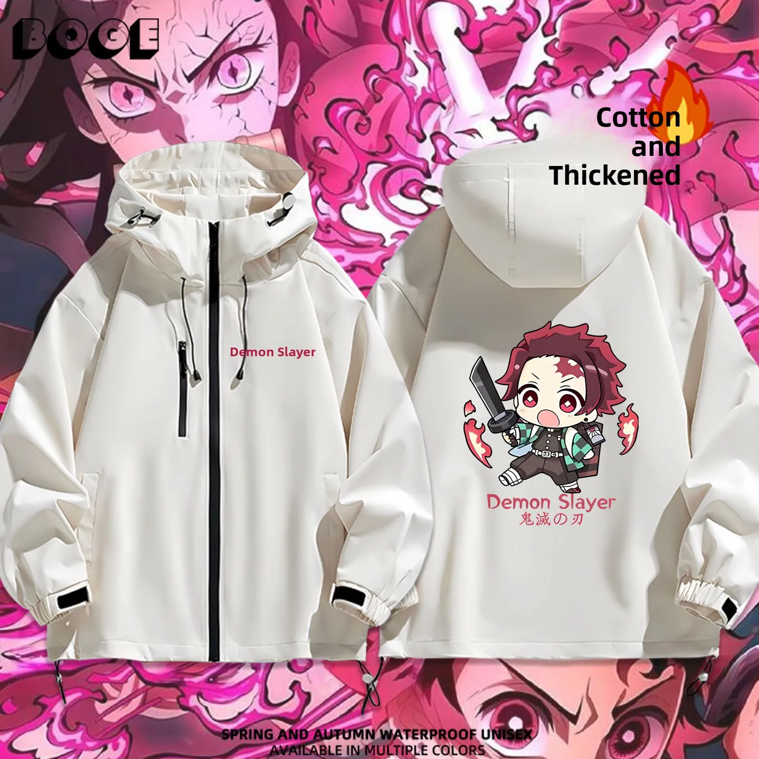 

RiRiKara Ghost Slayer Casual Cotton-Padded Hooded Jaet Outerwear Waterproof Polyester Fiber Zipper Closure Youth ular Sle