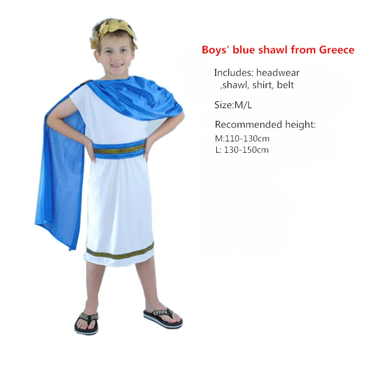 Kinderkostuums Oud Griekenland Cosplay Kleding Prins Prinses Halloween Carnaval Jurk met Sjaal voor Jongen Meisje