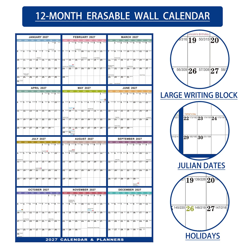 23x35 Inch 2027 Yearly Calendar Planner Hanging Design Erasable 12 Month January 2027 To December 2027 New Year Present