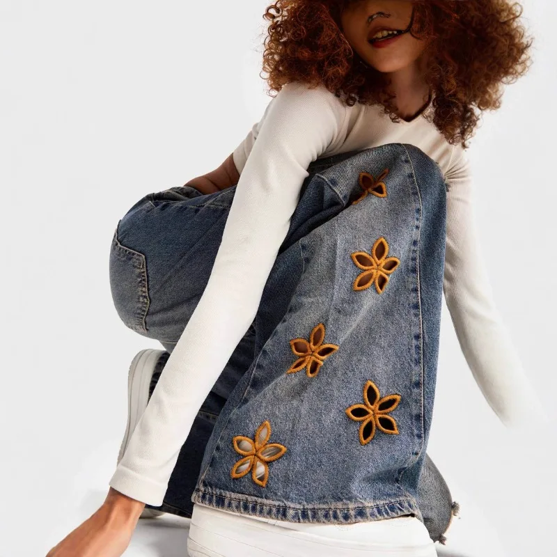 Floral Embroidered Jeans for Women High Waist Baggy Jeans Youth Streetwear Wide Leg Pants Fashion Women Clothes Denim Pants
