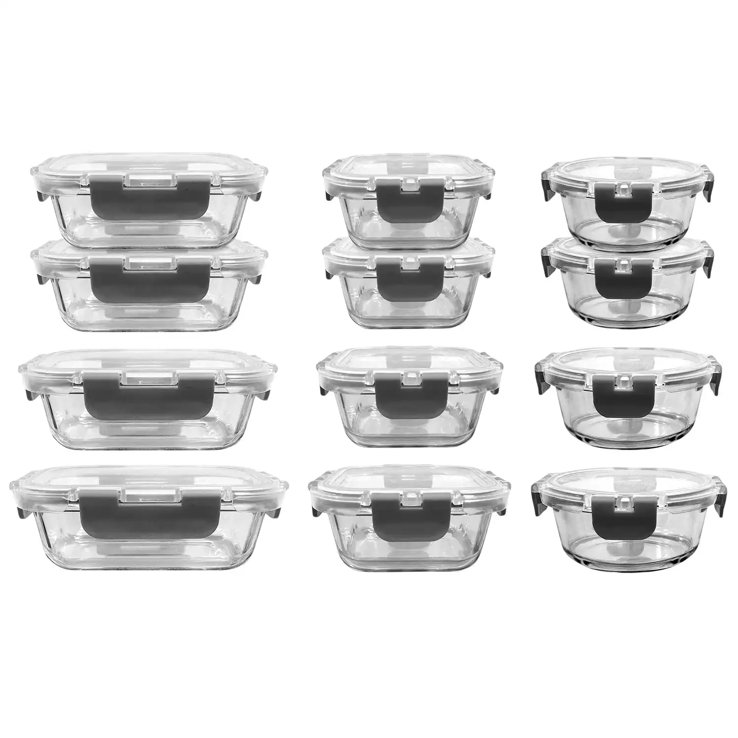 

24-Piece Stackable Borosilicate Glass Food Storage Containers Set Gray Capacity 2.2 Pounds 2 Pounds