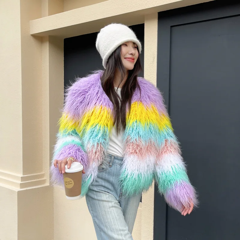 Women Faux Shearling Fur Coats Spliced Fur Jacket Color Blocked Cotton Linen Round Neck Long Sleeve Streetwear Loose 2026 Winter