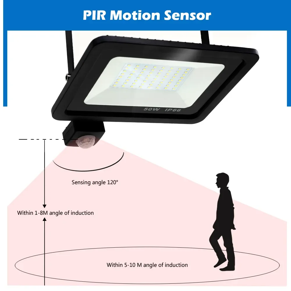 Luz de inundación LED con Sensor de movimiento PIR para exteriores, foco de proyector impermeable IP66, AC220V, 100W, 50W, 30W