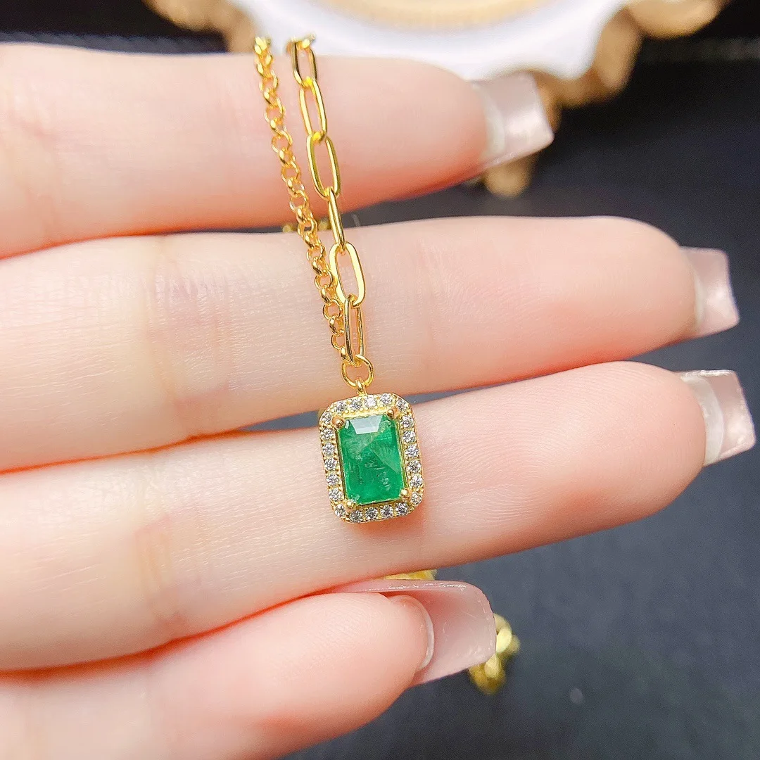 

4*6mm Natural Square Emerald Necklace, S925 Sterling Silver Gemstone Pendant, Elegant Green Jewelry for Daily Wear