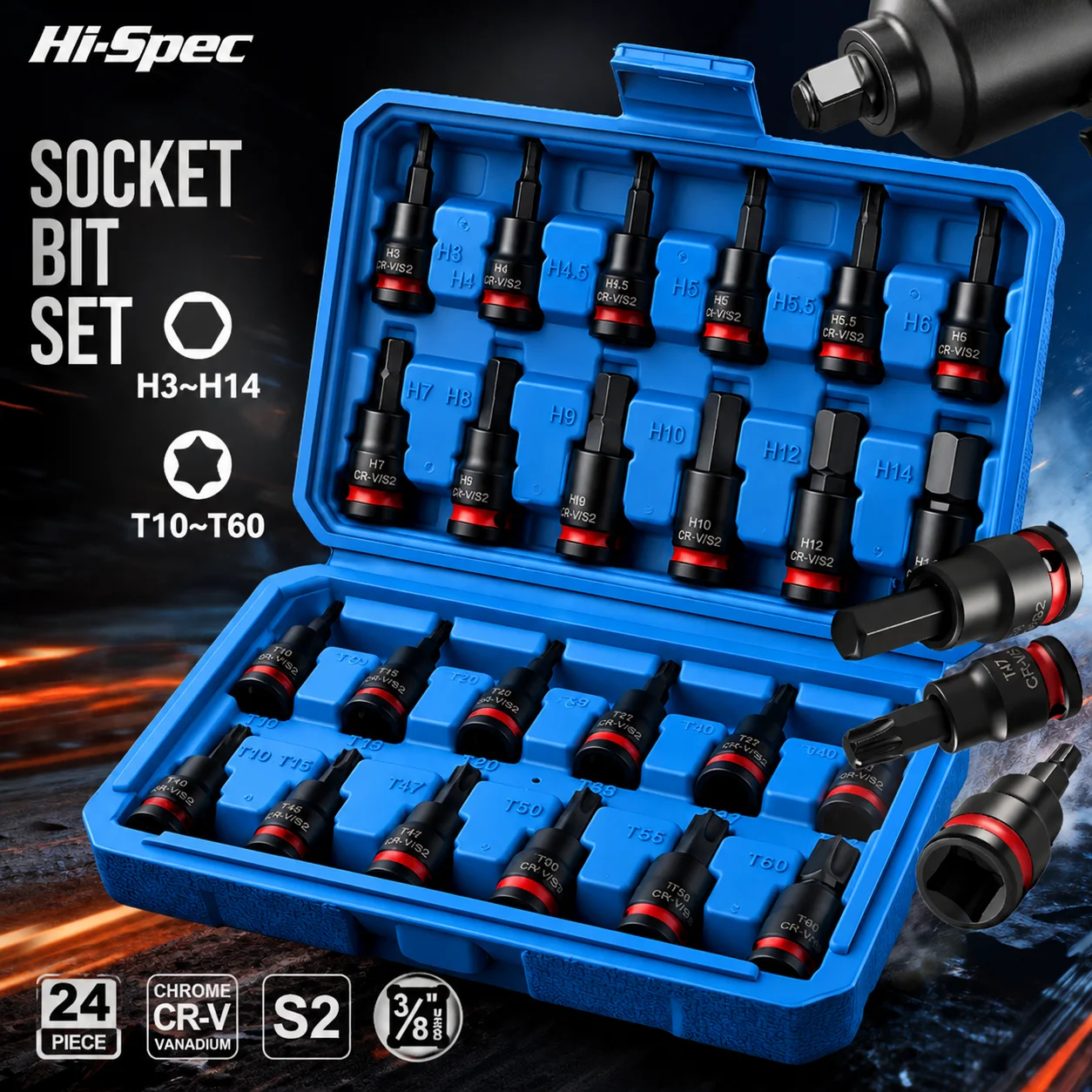 24PCS E Type External Torx Socket Set Star Bit Socket Kit E8 E10 E12 E18 for Ratchet Wrench Auto Repair Mechanical Tool