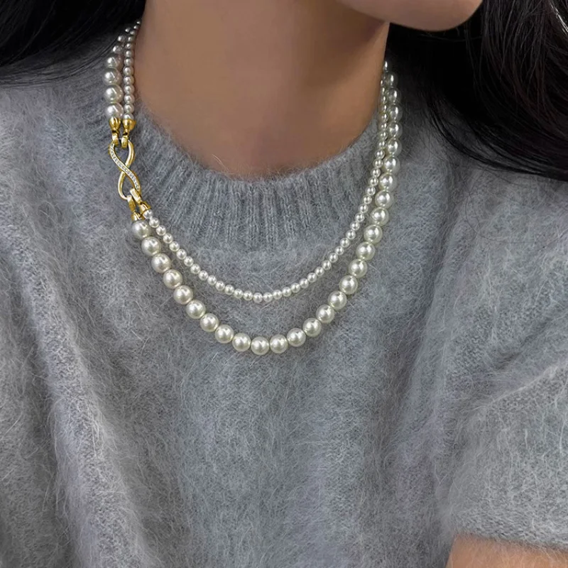 High quality elegant 8-shaped buckle double pearl necklaces unique detachable suitable for wearing linen gray chains jewelry