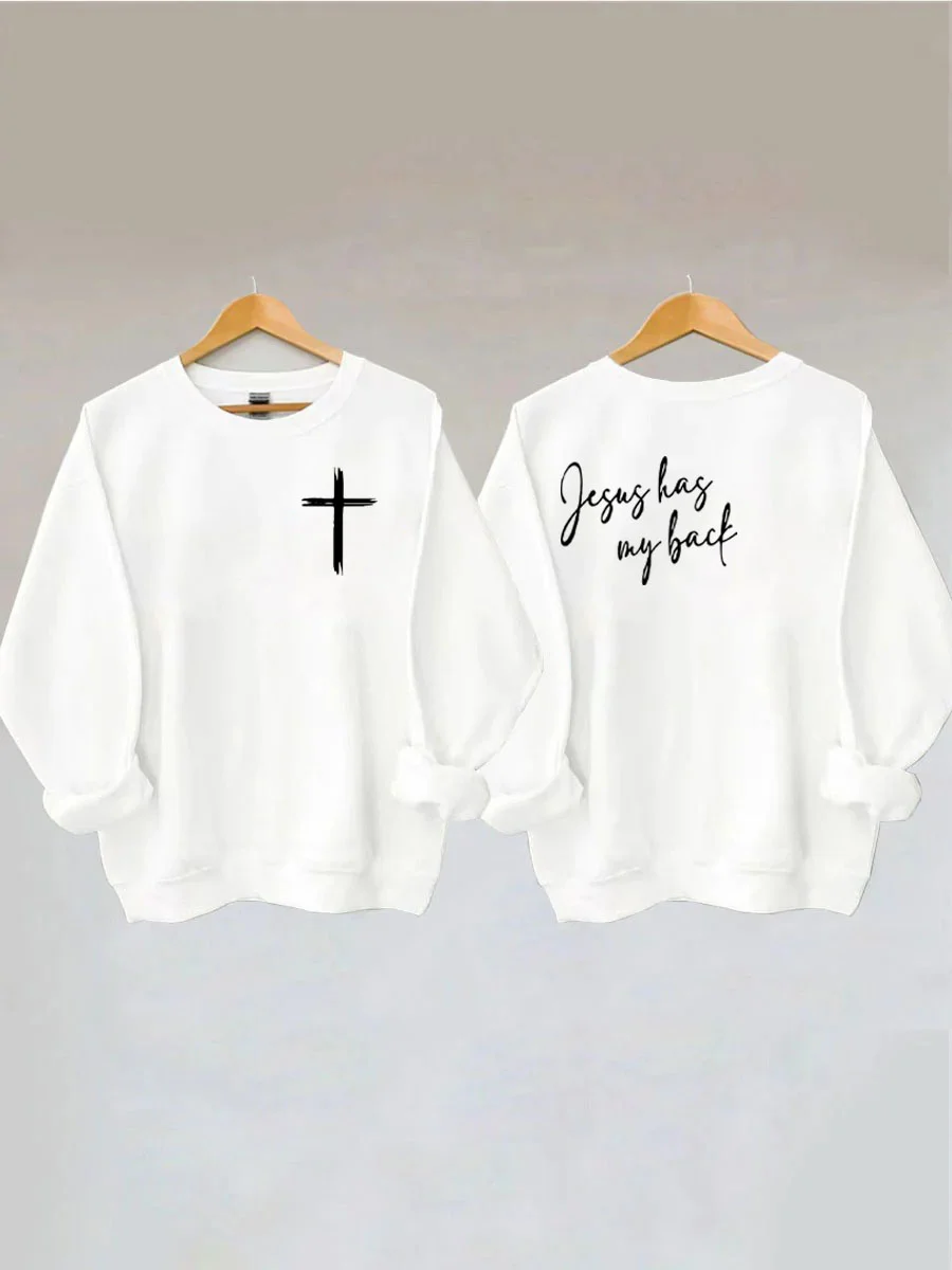 

Jesus Has My Back Back Slogan Women Sweatshirt Cross Chest Print Female Clothes New Hot Sale Fashion Easter Casual Girl Tops
