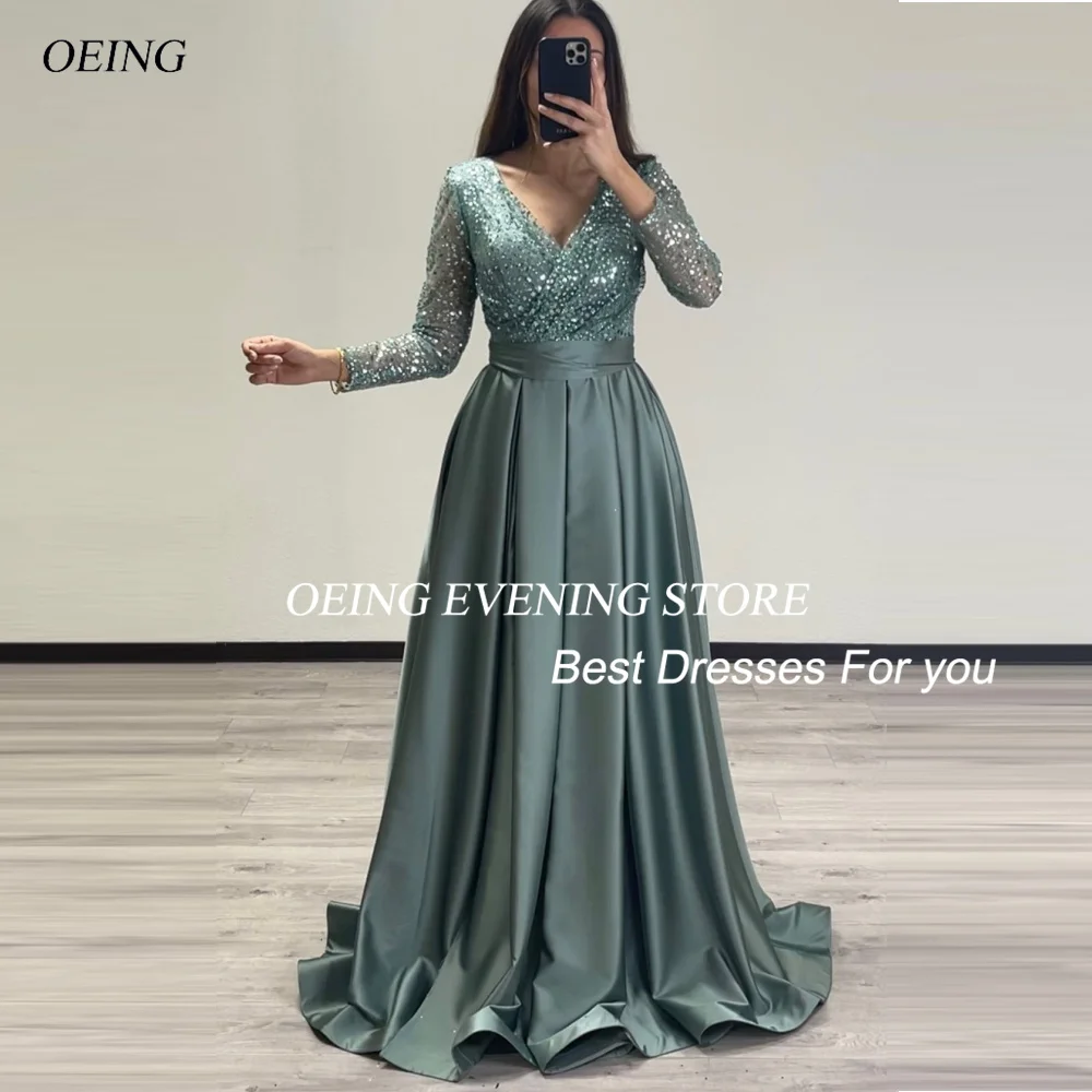 Customized Robe De Soirée Custom Made Long Sleeves A-Line Sequined Evening Gown Satin Saudi Arabic Party Dress Prom Dresses