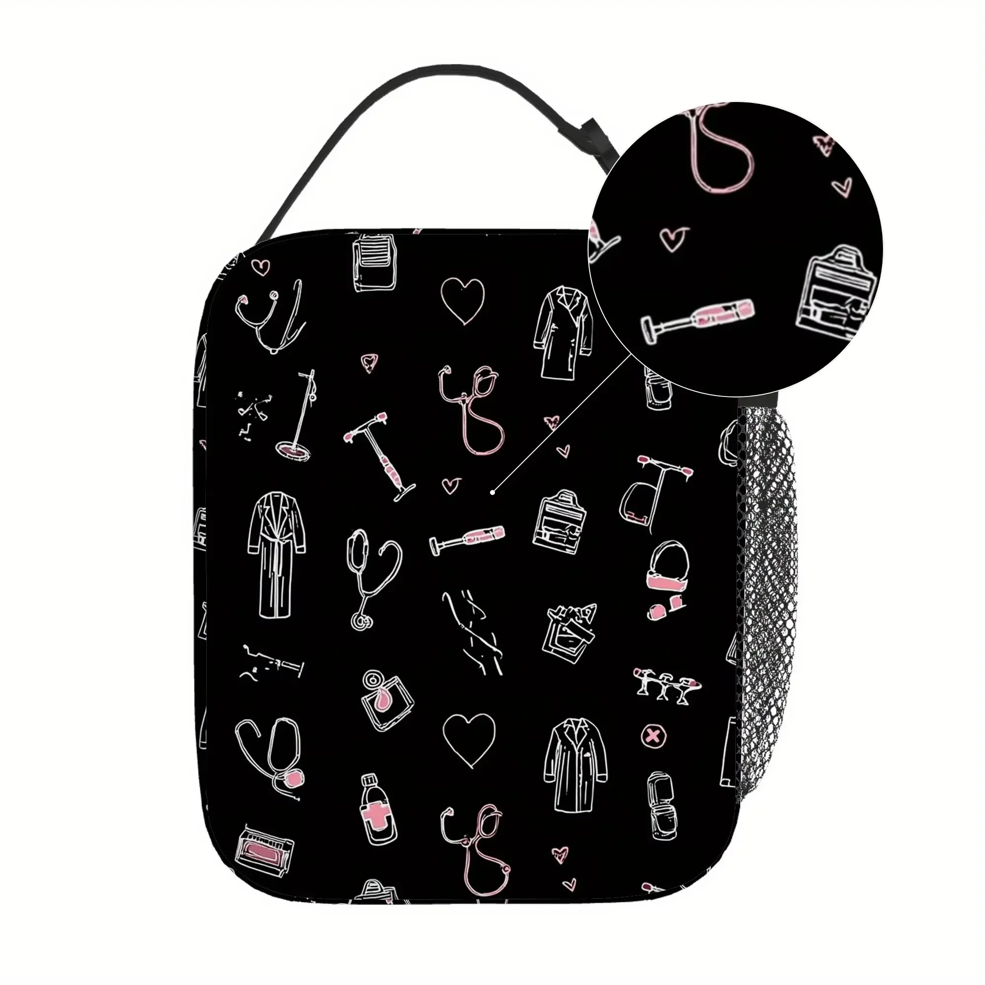 1pc Medical-Themed Thermal Insulated Bag - Black with Pink Medical Icons (Stethoscope, Syringe, Pills) - Non-Food Contact Therma