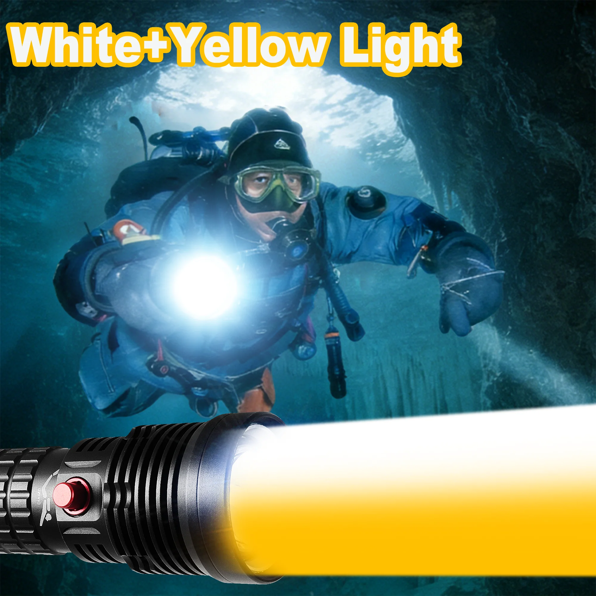 Professional LED Diving Flashlight White+Yellow Dual Light Underwater Torch IPX8 Waterproof 26650 Battery for Scuba Spearfishing