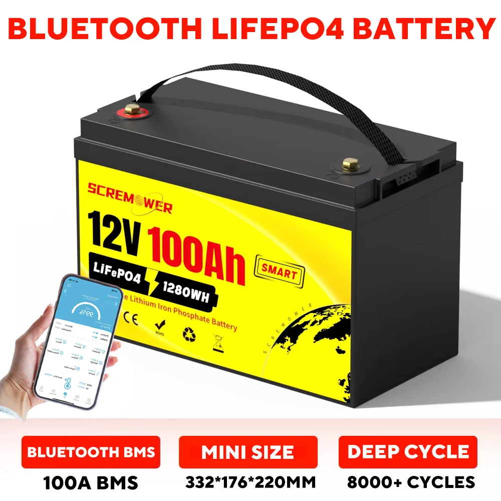 LiFePO4 Battery 12V 100AH with Bluetooth BMS Lithium Iron Phosphate Rechargeable Batteries For RV Marine Motors Solar System