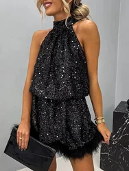 Sleeveless Sequin Sweet Holiday Dress, Summer Women Loungewear Halter Patchwork Party Dress, 2023 New Loose Lace-Up Ladies Dress