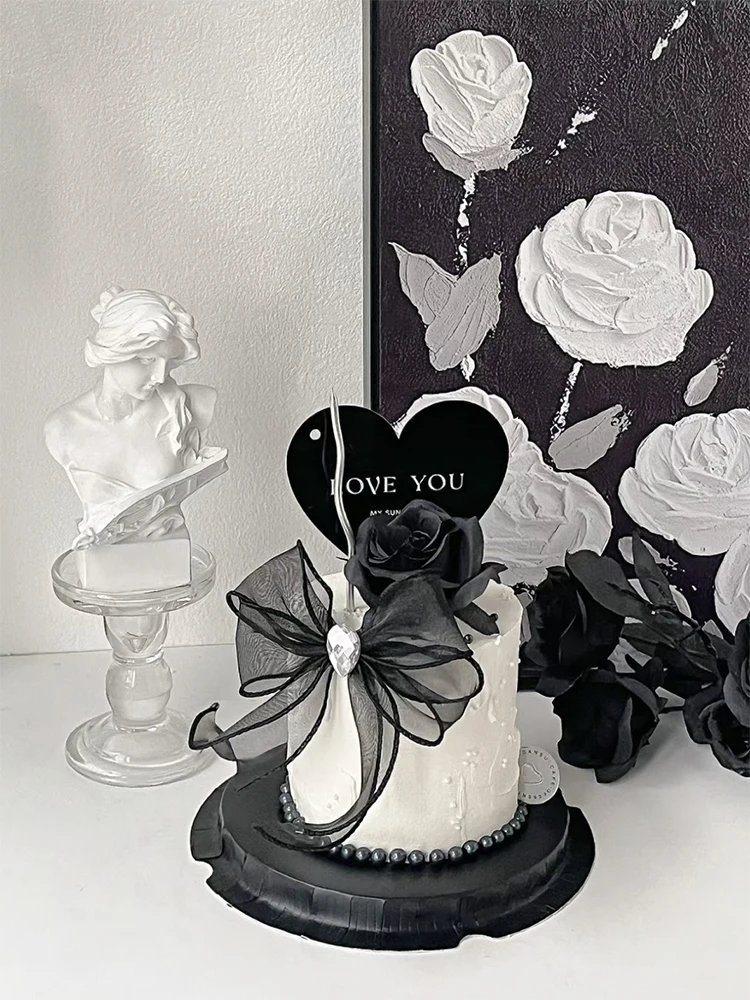 Girl's Happy Birthday Party Valentine's Day Cake Topper Decoration Black Bow Acrylic Pearl Love Dessert Wedding Baking Supplies