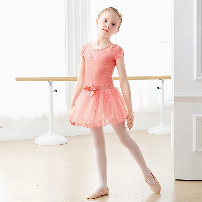 Girls Ballet Leotard Tulle Skirts Net Yarn Splicing Dance Leotards 2 Pieces Dance Suits Kids Pink Long Sleeve Ballet Bodysuits