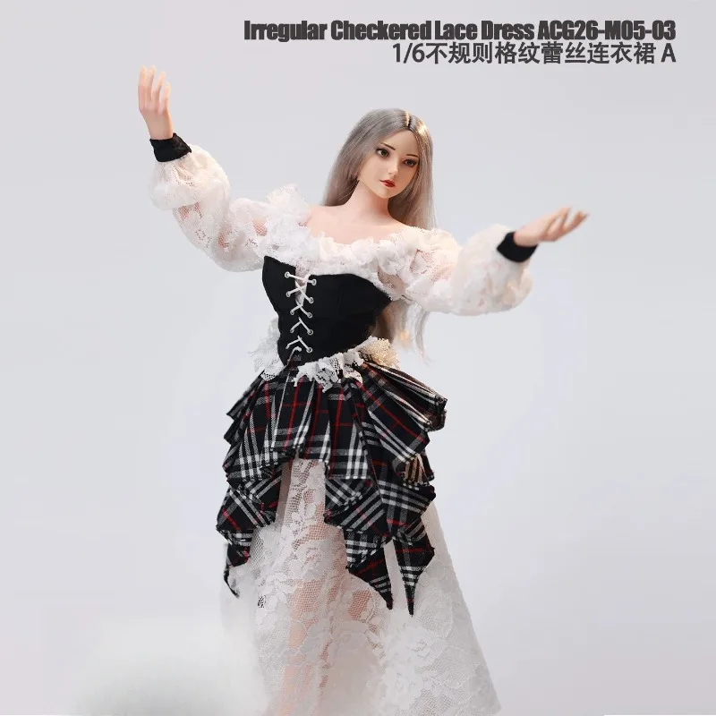 ACG26-M05-03 1/6 Scale Female Soldier Multicolor Irregular Checkered Lace Dress Clothes Model for 12" Action Figure Body Dolls