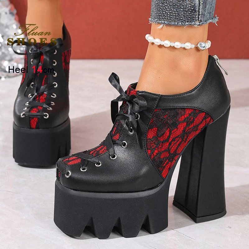 

2026 Spring Fall Red Black Women's Bare Boots Thick Heels 14cm Front Lace Up Shallow Mouth Ladies Ankle Boots Daily Casual Shoes