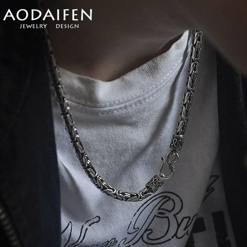 AODAIFEN Domineering Retro Sterling Silver Handcrafted Safety Pattern Necklace for Men\'s Generous Fashion Trend Hip Hop Jewelry