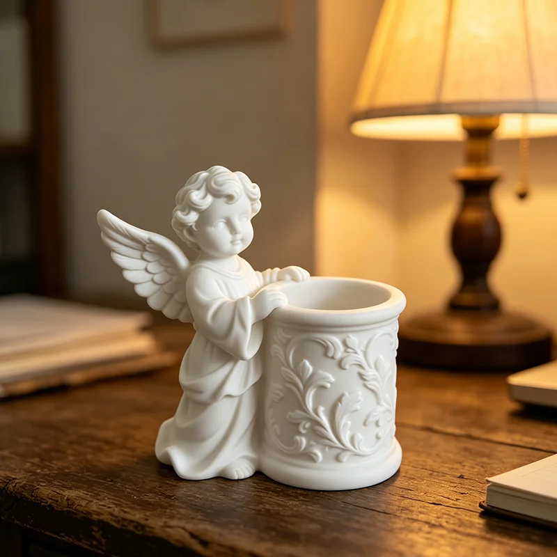 Vintage Cherub Angel 3D‑Printed Pen Holder Retro Embossed Sculpture Desktop Ornament Cup Creative Stationery Storage Container