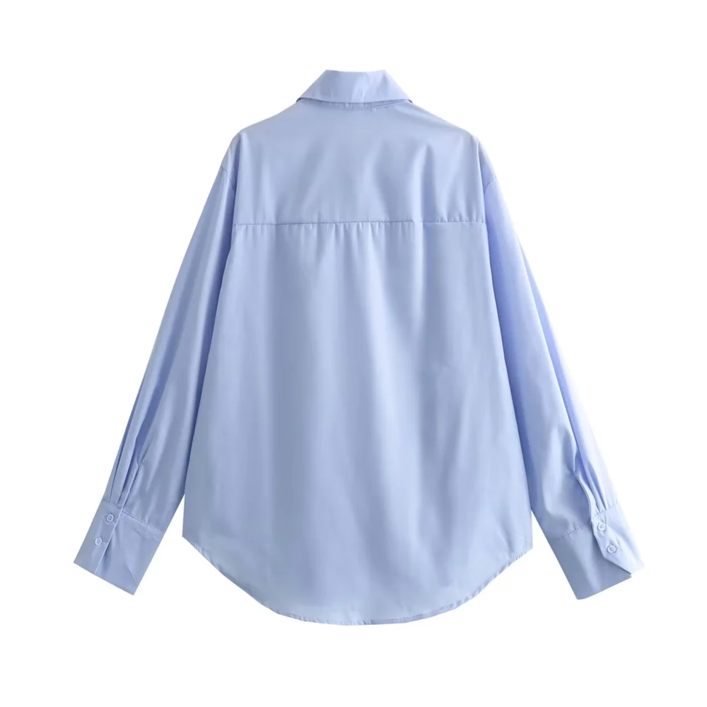Taop&Za 2024 Women\'s temperament versatile loose layered decoration sky blue lapel long sleeved shirt