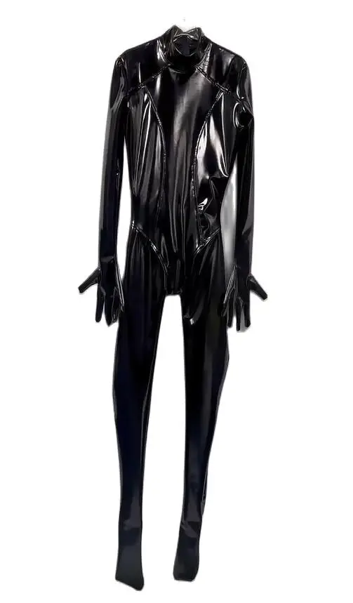 New trend triangle crotch high neck body-shaping jumpsuit sexy stage catwalk Faux latex catsuit