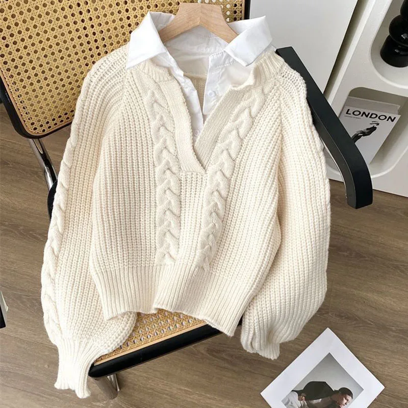 Lucyever japonês preguiçoso falso dois suéteres para mulher outono inverno design retro malha jumper moda solta turndown colarinho malhas