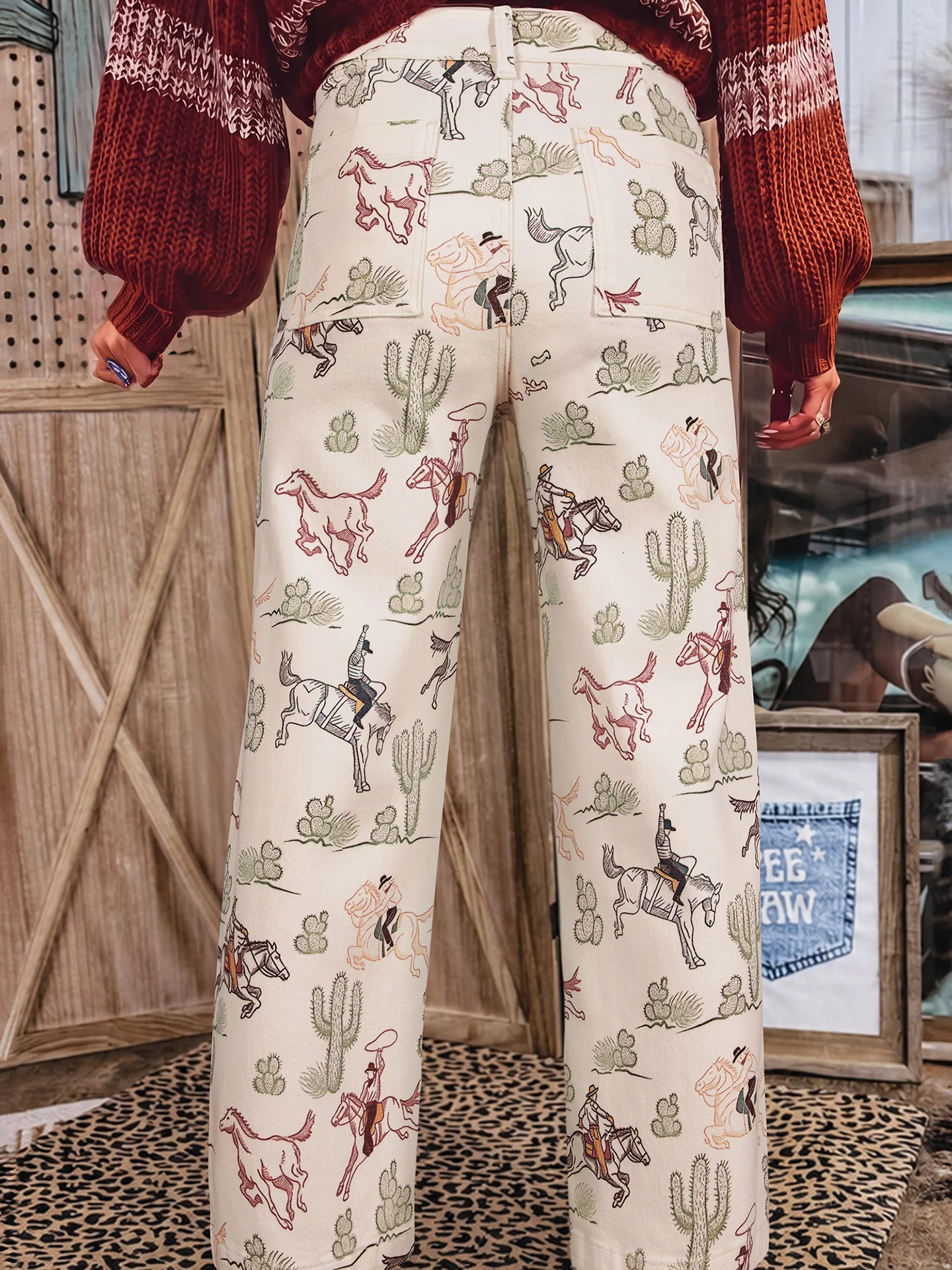 High Waist Loose Fit Printed Denim Jeans Women's Casual Long Pants Fall Season Fashion Personality Straight Leg Cotton Blend