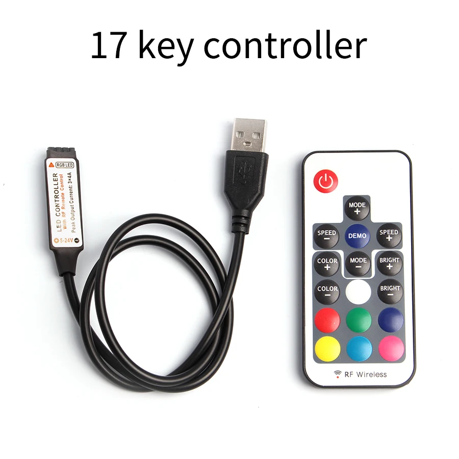 Télécommande de lumière RGB sans fil, USB LED, 5/12/24 V, Volt 3/17/24 touches, IR/RF, bande bande LED USB/LED