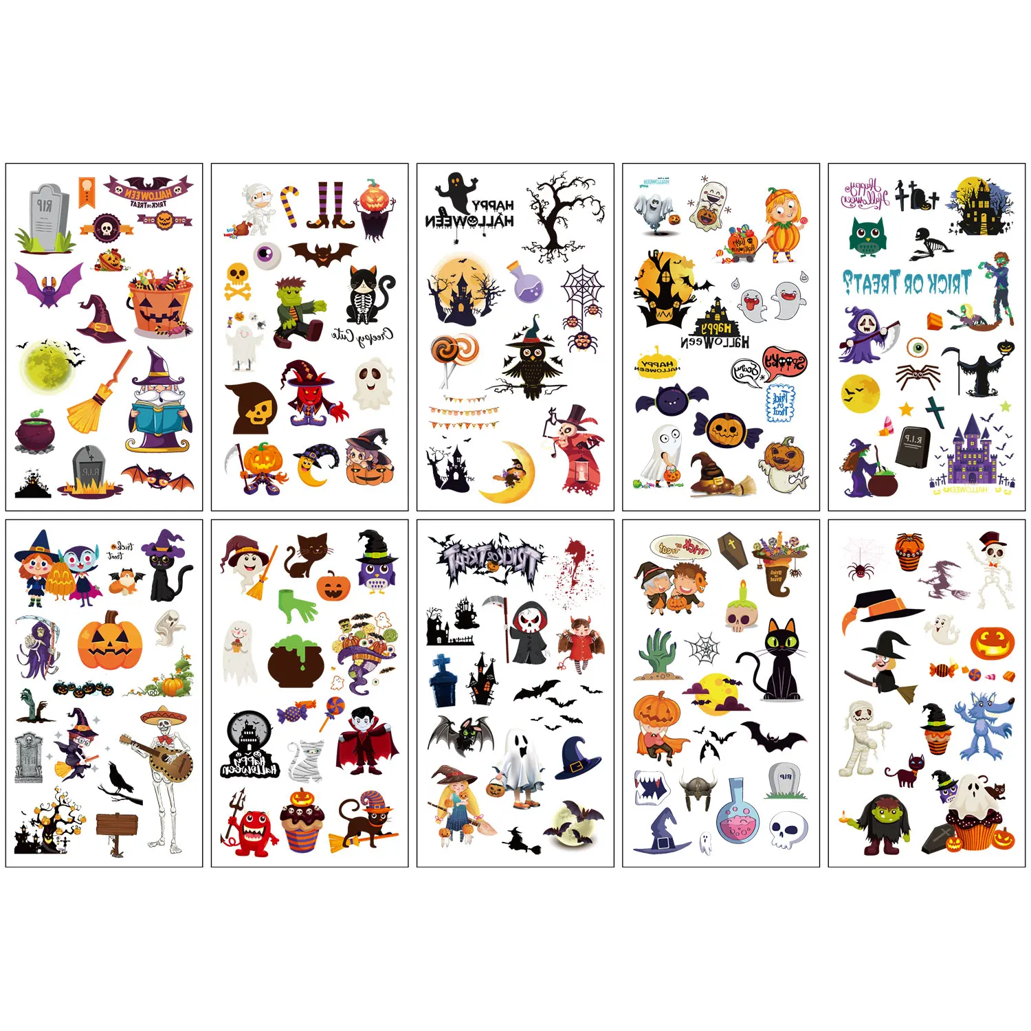 10 Halloween Tattoo Stickers, 150 Witch, Pumpkin, Skull, Ghost, Bat Halloween Element Patterns, Artistic Decoration Stickers, Perfect Halloween Party Favors