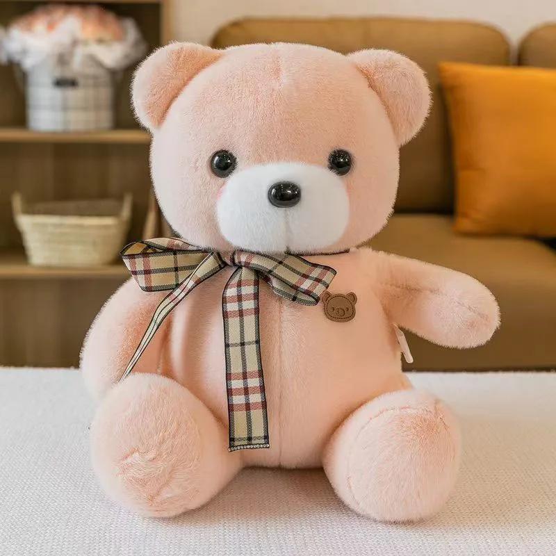 

Soft Plush Teddy Bear Doll with Plaid Ribbon Adorable Stuffed Bear Toy Perfect for Birthday Gift Baby Shower and Home Decoration