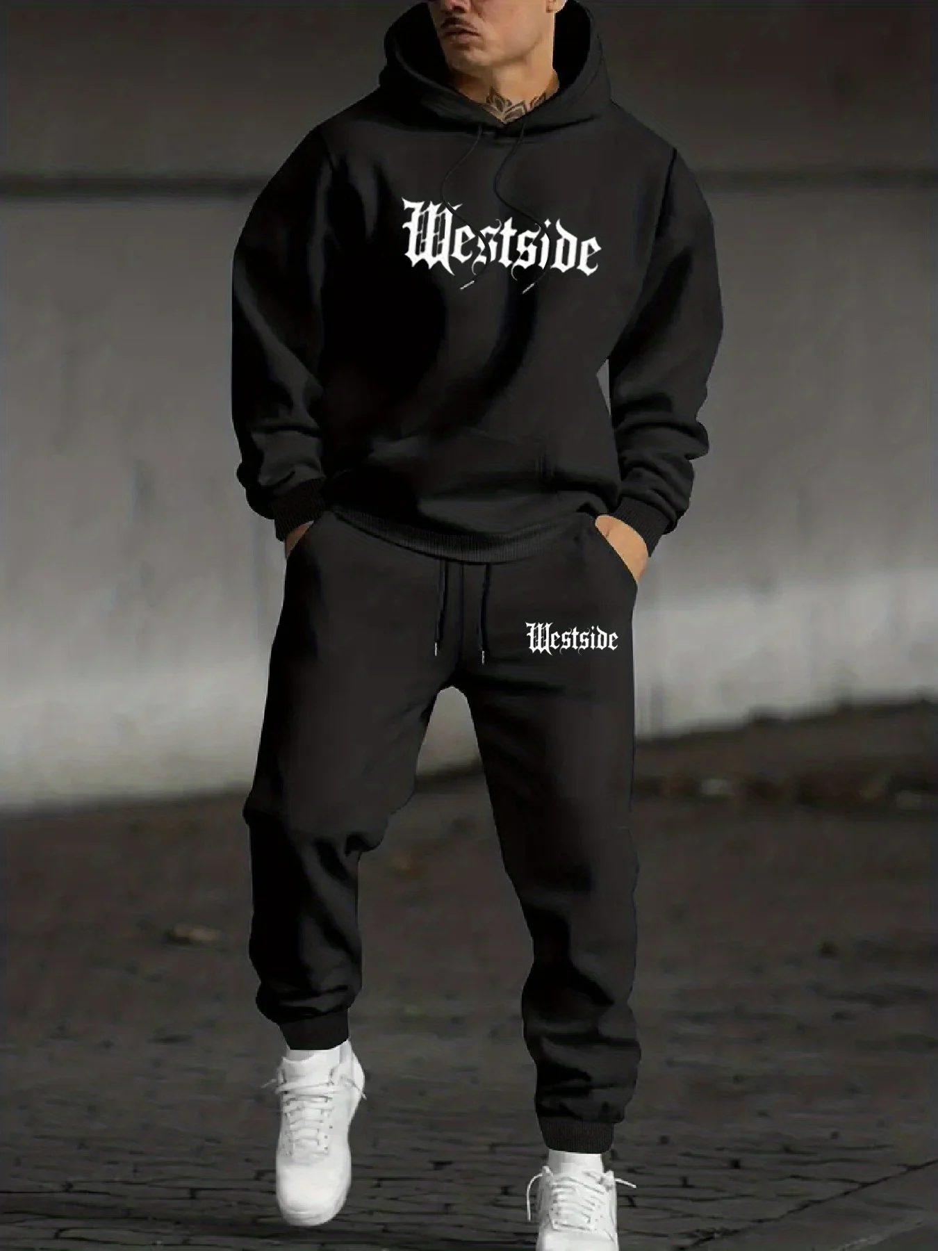 Men's Casual Letter Print Drawstring Pocket Hoodie, Drawstring Outdoor Sports Sweatpants 2 Piece Tracksuit