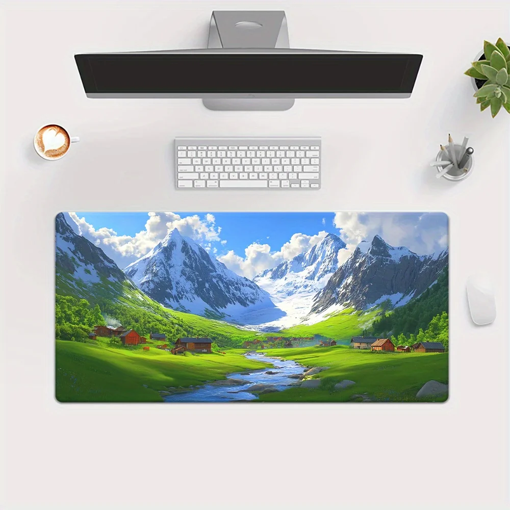 Snow Mountain Pattern Desk Pad - Vibrant HD Printed, Non-Slip Rubber Base, Multi-Functional Mousepad & Keyboard Mat for Gaming