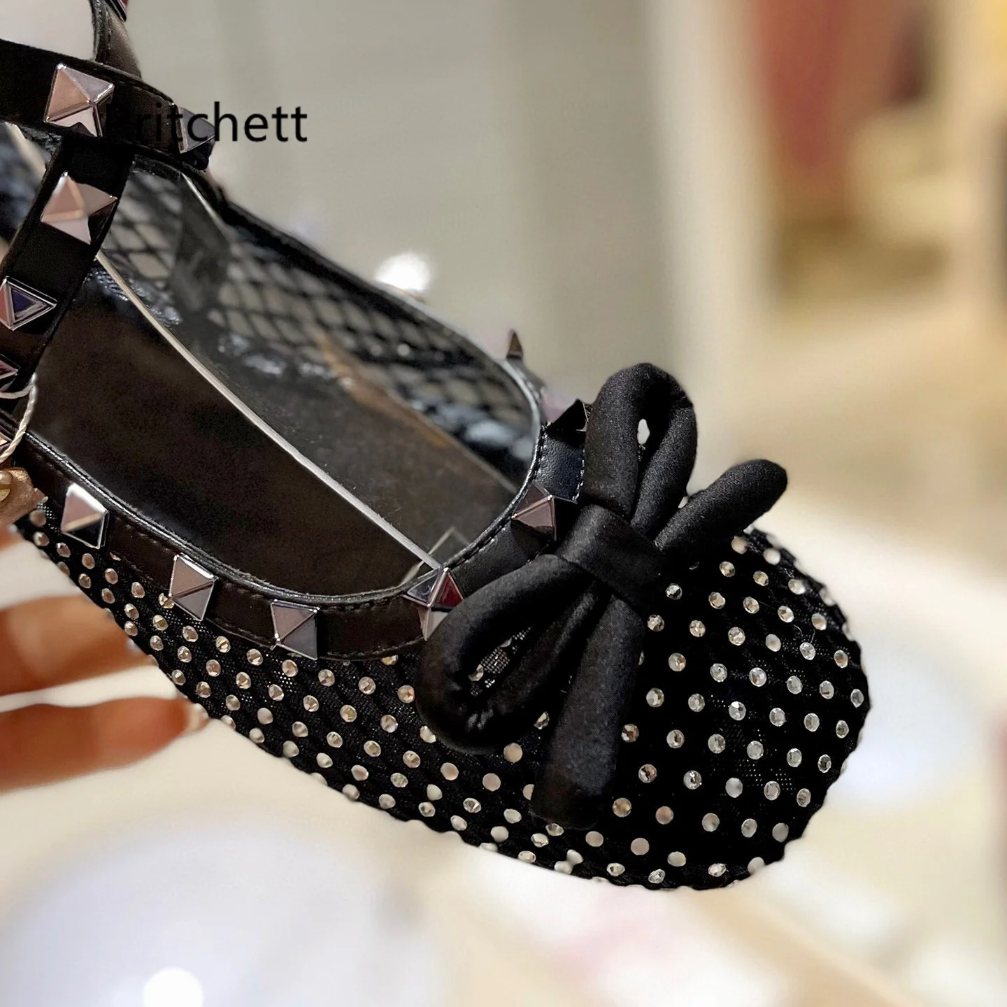 Bowknot Rivet Cross Strap Mary Janes Rhinestone Women\'s Shoes Round Toe Ballet Flats Sandals 2024 Spring New Shallow Single Shoe