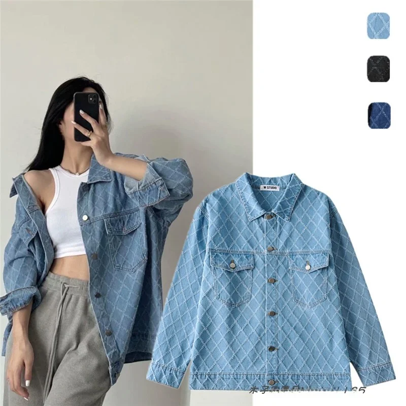 

Ретро Гонконг Sle Свободный крой с ромбовидным узором Джинсовый тюре Женский повседневный кардиган Топ Уличный воротник с длинным светом