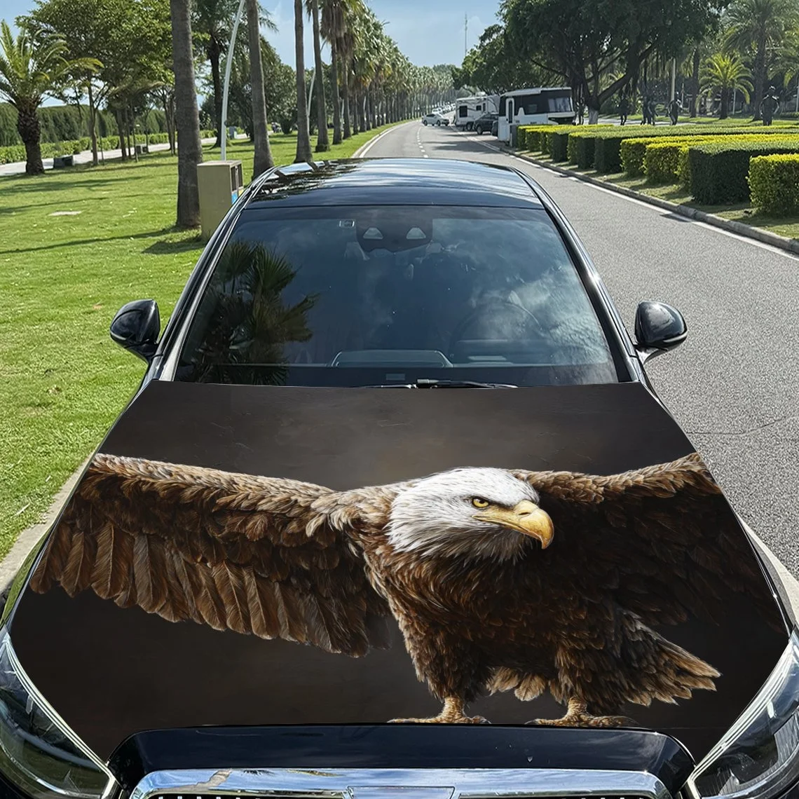 Eagle design car hood cover, featuring a majestic bald eagle with spread wings, perfect for vehicle protection and style enhance