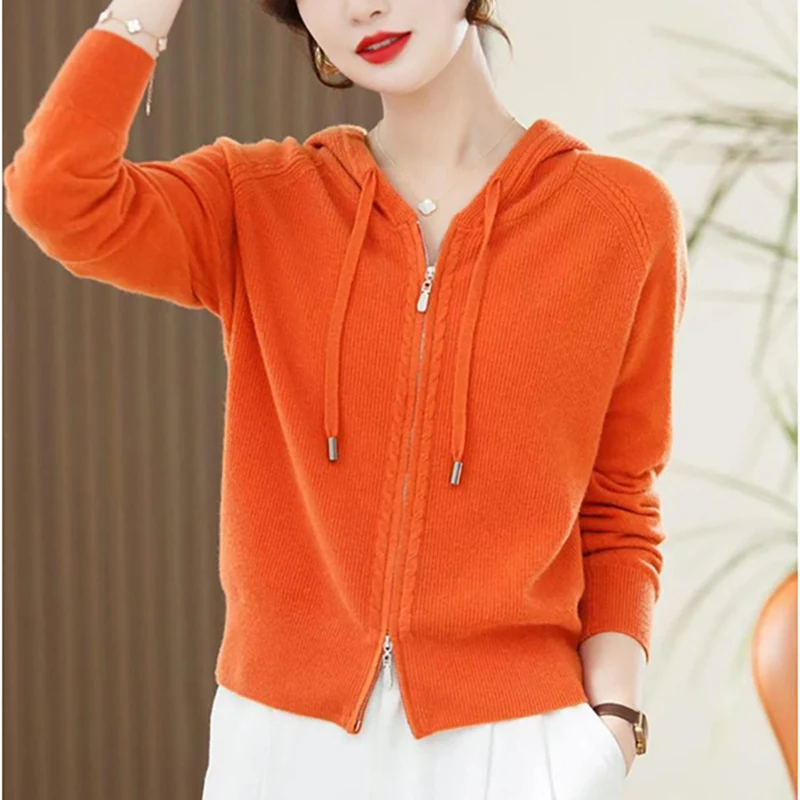 

Fashion Hooded Zipper All-match Solid Color Cardigan Sweaters Women Clothing 2024 Autumn Winter New Loose Knitted Commuter Tops