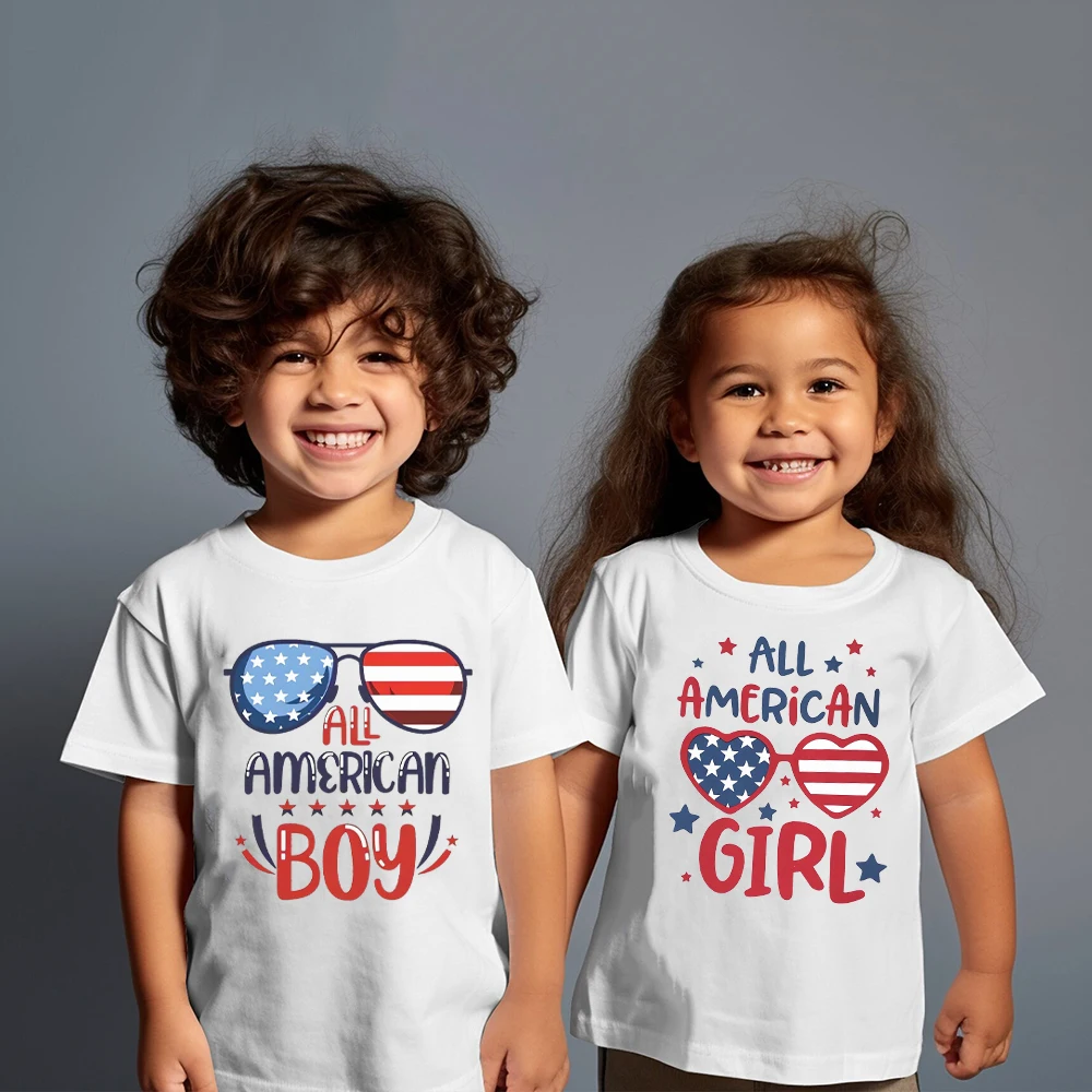 All American Girl/boy Print Kid T-shirt Independence Day Child Short Sleeve T-shirts Casual Round Neck 4th of July Commemorate