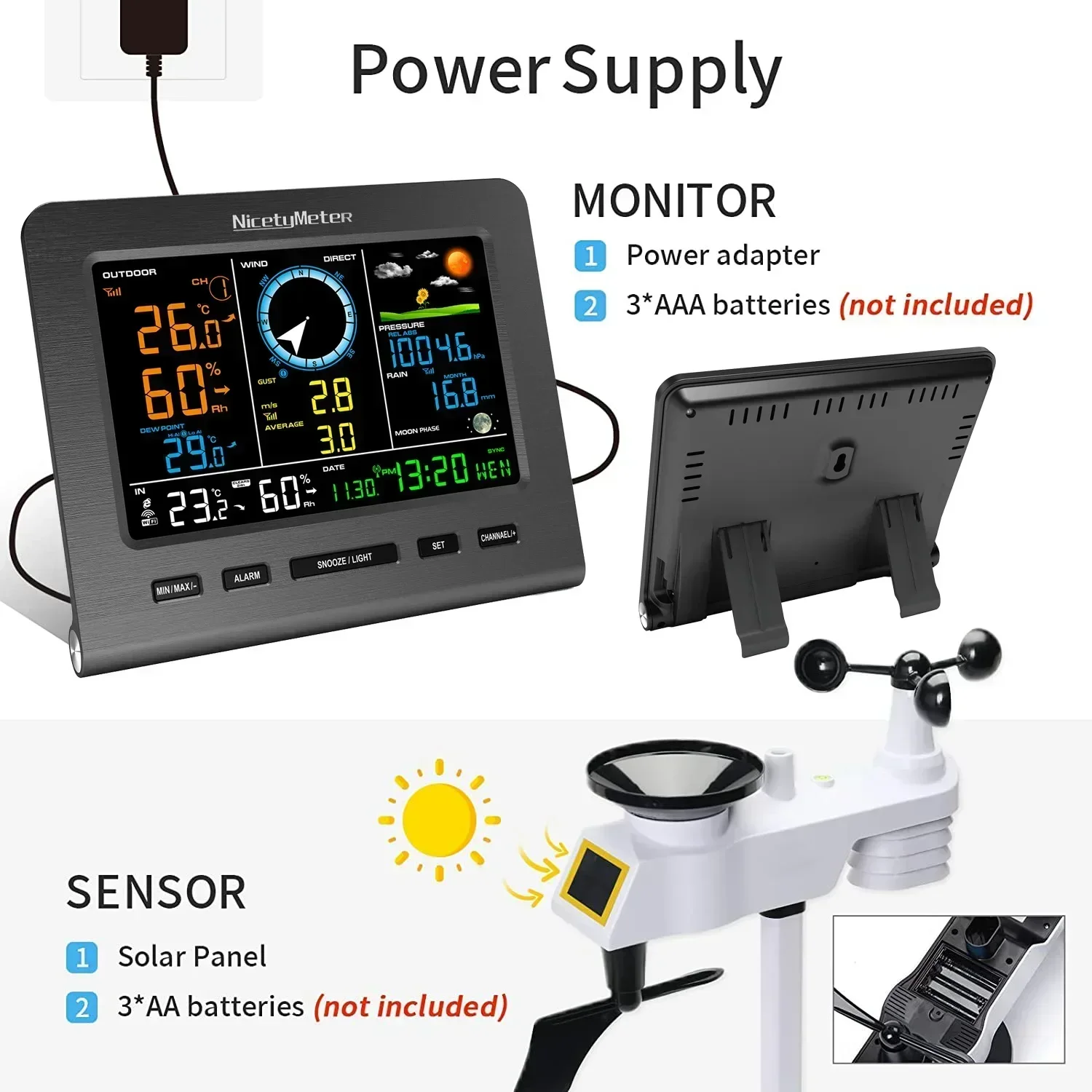 Zegar stacji pogodowej LCD Anemometr bezprzewodowy Dwufunkcyjny czujnik wiatru Kierunek prędkości wiatru Higrometr temperatury zimnego domu