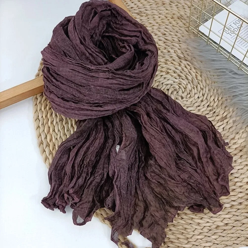 Cotton Linen Scarf Solid Color Female Literary Texture Fold Length Spring Autumn Winter Shawls Thin Fried Dough Twists Ethnic