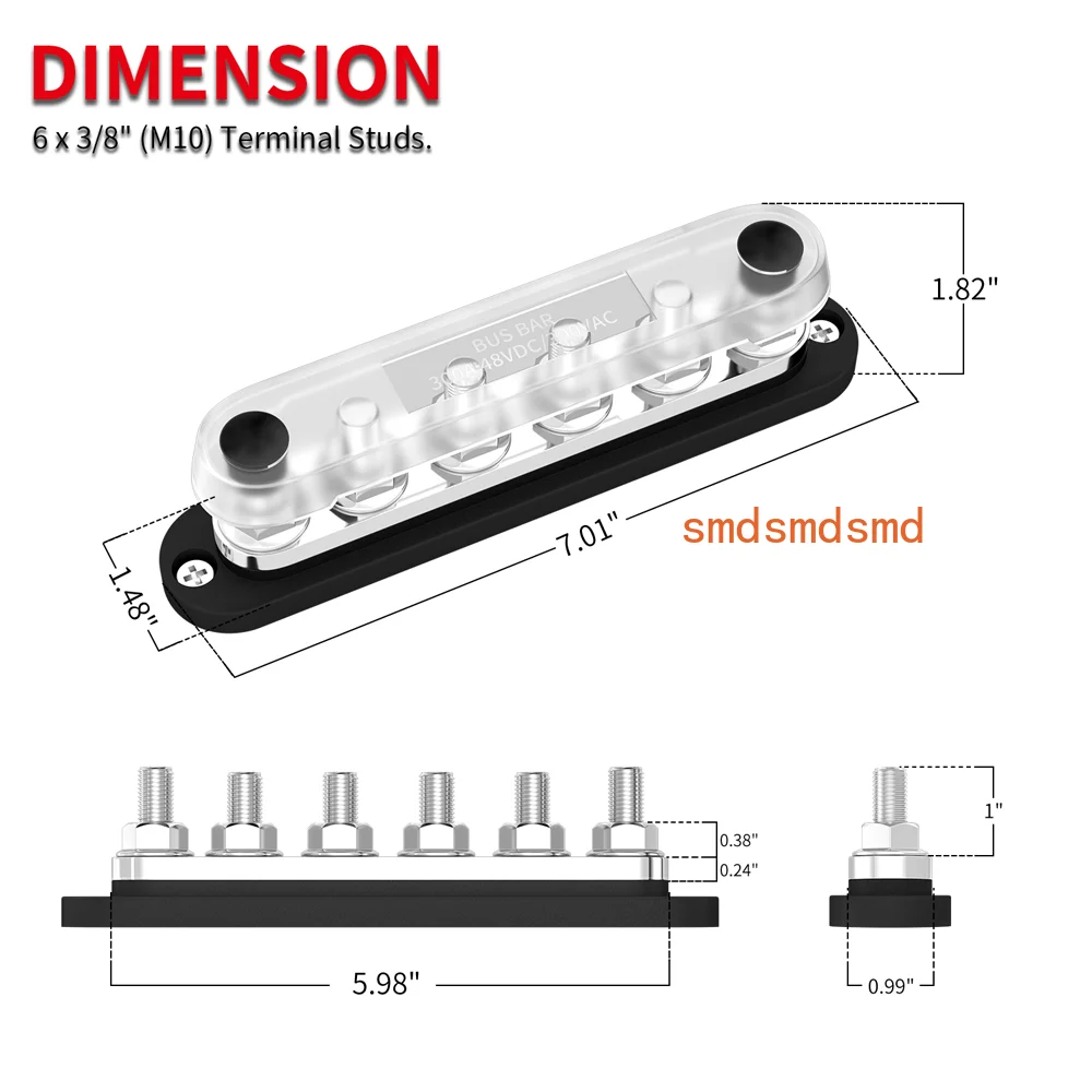 300A Negative Bus Bar 12V Distribution Block 6 x 3/8
