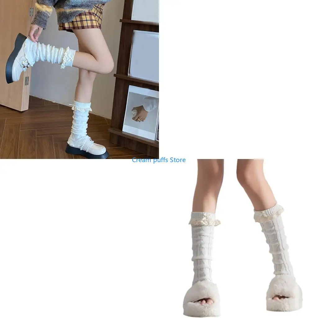 50LE Fashionable Lace Trim Leg Covers with Bowknot for Women Knitted Leg Warmers