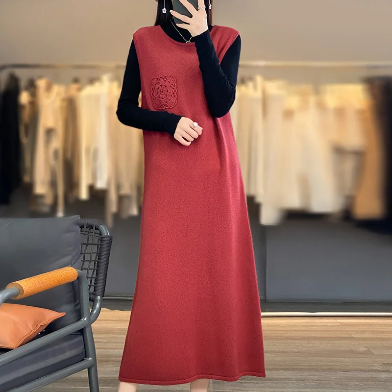 

Knitted Sleeveless Dress Chinese Style Embroidery Women's Vest Autumn Winter Loose Cashmere Skirt Long Elegant Dress Skirts