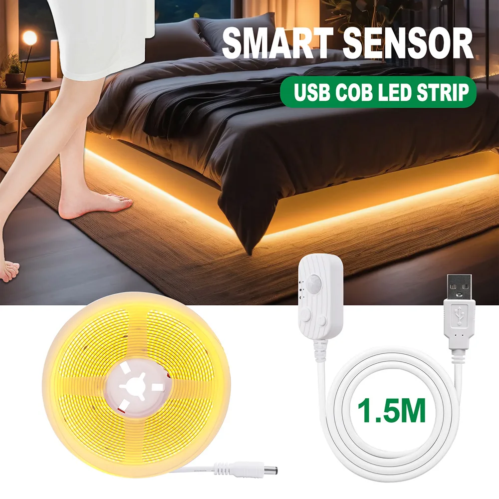 Bewegungsmelder, 5 V, LED-COB-Lichtleiste, batteriebetrieben, USB-betrieben, automatische EIN/AUS-Liner, Beleuchtungsdiode für Schrank, Kleiderschrank, Küche, Treppe – Detail 11